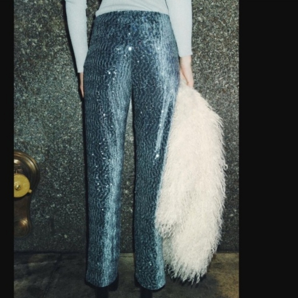 NWOT Zara Women's Velvet Sequin Straight Leg Zipper Side Stretchy Pants Size XS - Picture 2 of 13